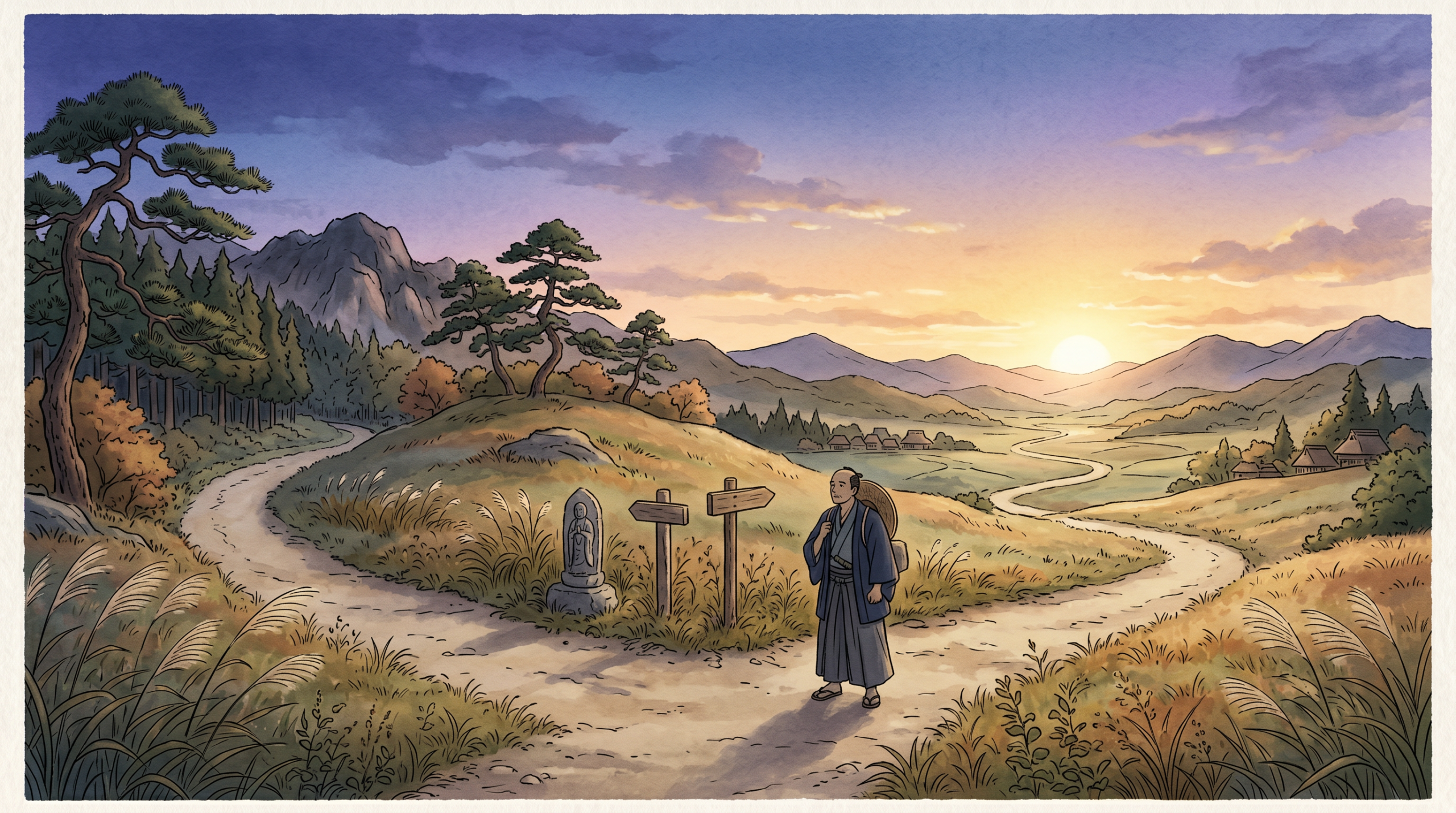 人生のターニングポイントを象徴する和風イラスト。分岐点に立つ旅人と、夕暮れの山々・道標・お地蔵様が描かれ、四柱推命「大運」の10年ごとの転機を表現している