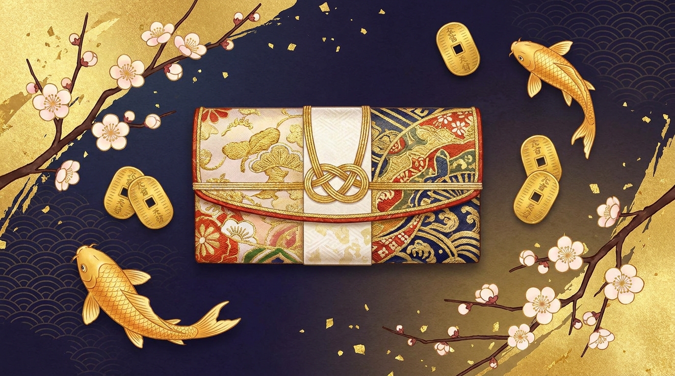 四柱推命で金運を上げる方法を解説する記事のイメージ画像。和風の財布と小判、鯉、梅が金運の象徴として描かれている
