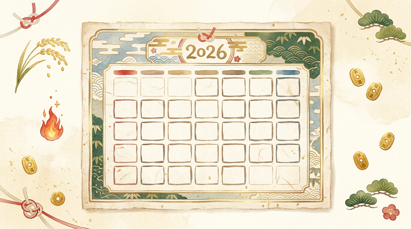 2026年の開運日カレンダーを象徴する和風水彩イラスト