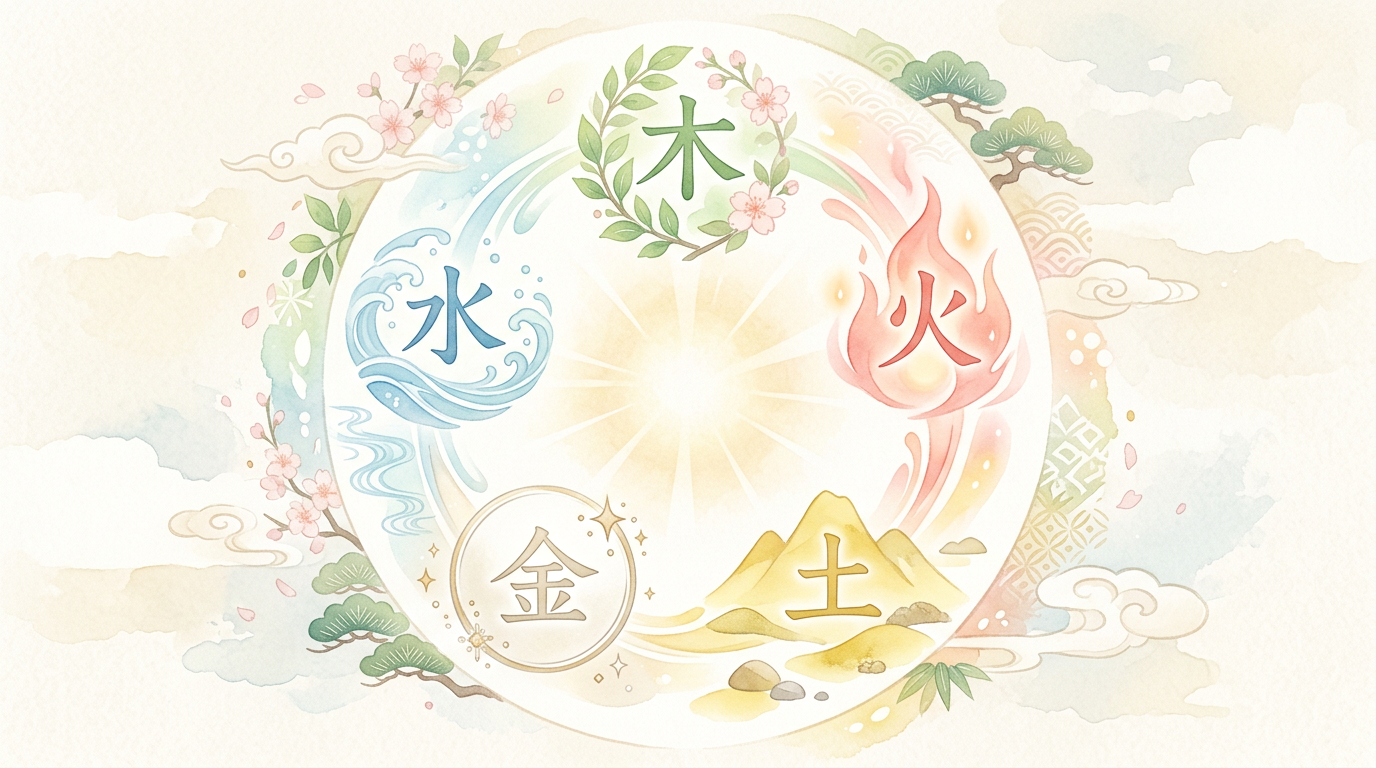 四柱推命の五行（木火土金水）を象徴する和風水彩イラスト