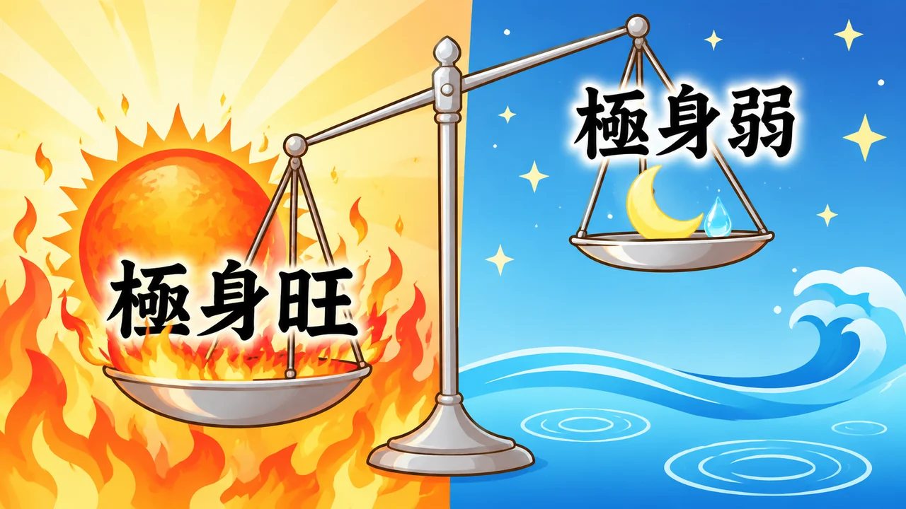 極身旺と極身弱を表すアイキャッチ。大きく傾いた天秤の左に「極身旺」、右に「極身弱」の文字