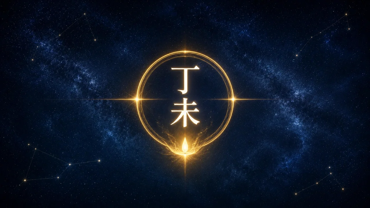 2027年の干支「丁未」を表す和風アイキャッチ。星空に輝く金の円と灯火、「丁未」の文字
